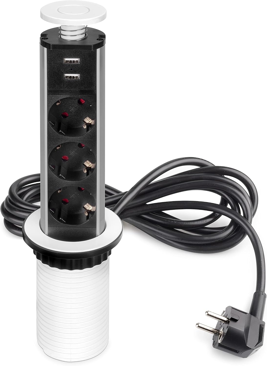 Emuca - Retractable Power Strip with 3 SchEUo EU Sockets and 2 USB Ports, Built-in Power Strip for Kitchen Worktop or Office Table, Painted White, Plastic and Aluminium