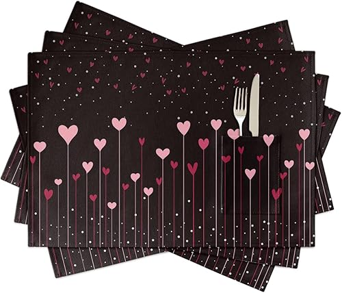Valentine's Day Table Placemats for Dining Table Set of 4,Cotton Linen Cloth Kitchen Place Mats with Pocket,Washable Burlap
