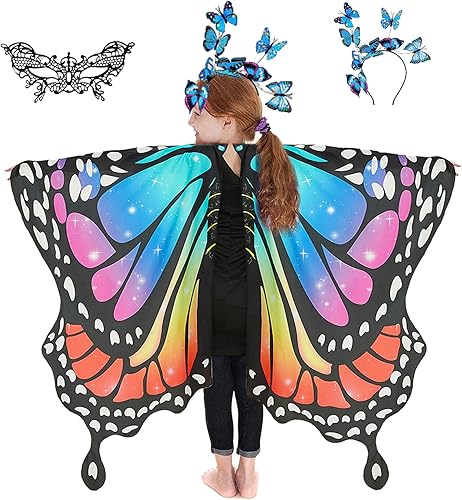 RekTak Alas de mariposa para niñas, disfraz de mariposa para fiesta de Halloween, alas de hadas con máscara y diadema de antenas
