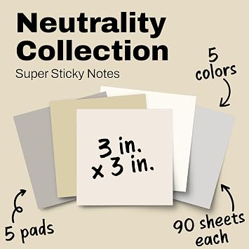 Post-it Super Sticky Notes, 3 x 3 in, Neutrality, 5 Pads, 90 Sheets/Pad
