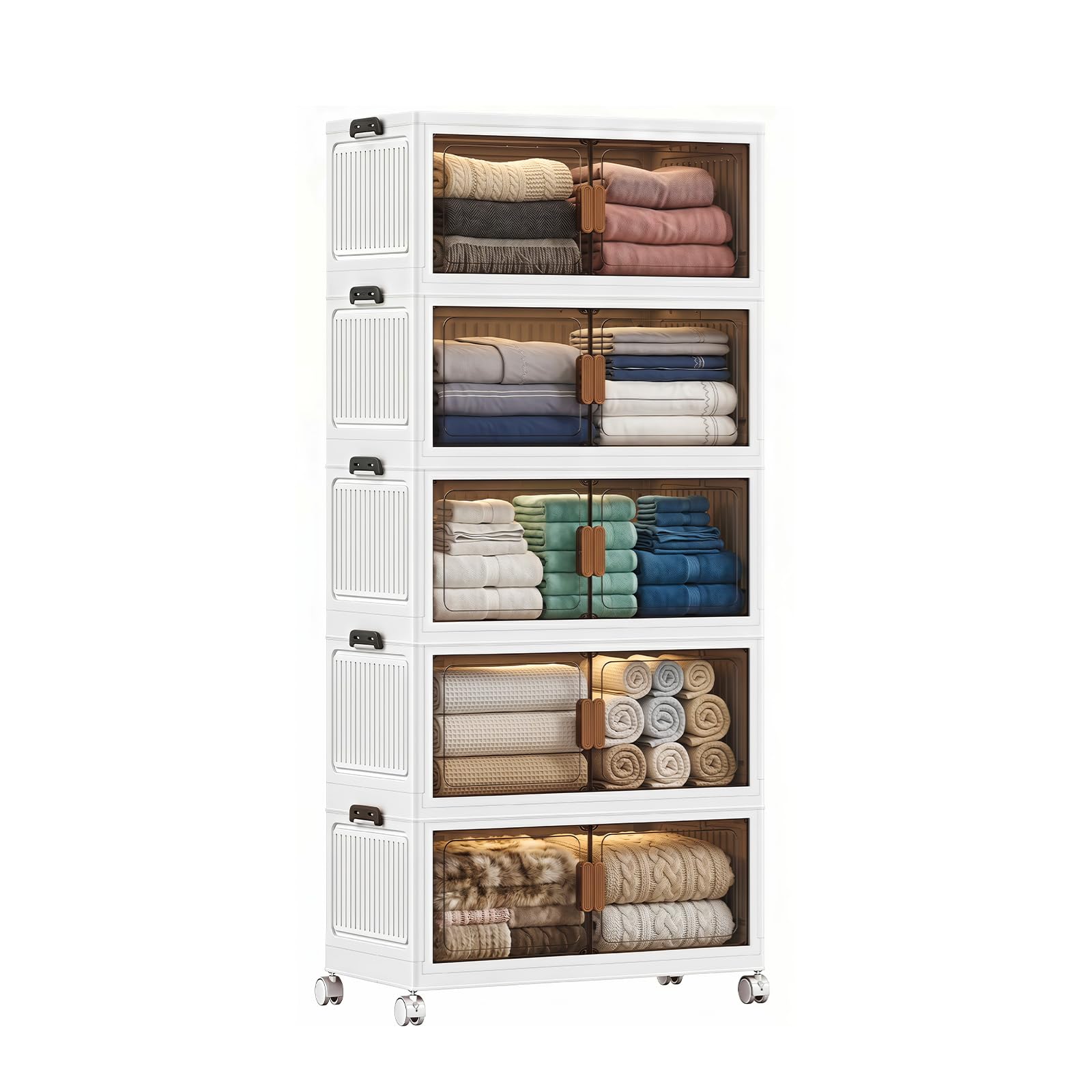 CFQNI Storage Boxes with Lid, 5-Tier Plastic Stackable Storage Drawers with 1 Lid 55L/Tier, Folding Large Bins Organizer with Wheels, Storage Organizer for Bedroom Living Room Study Office
