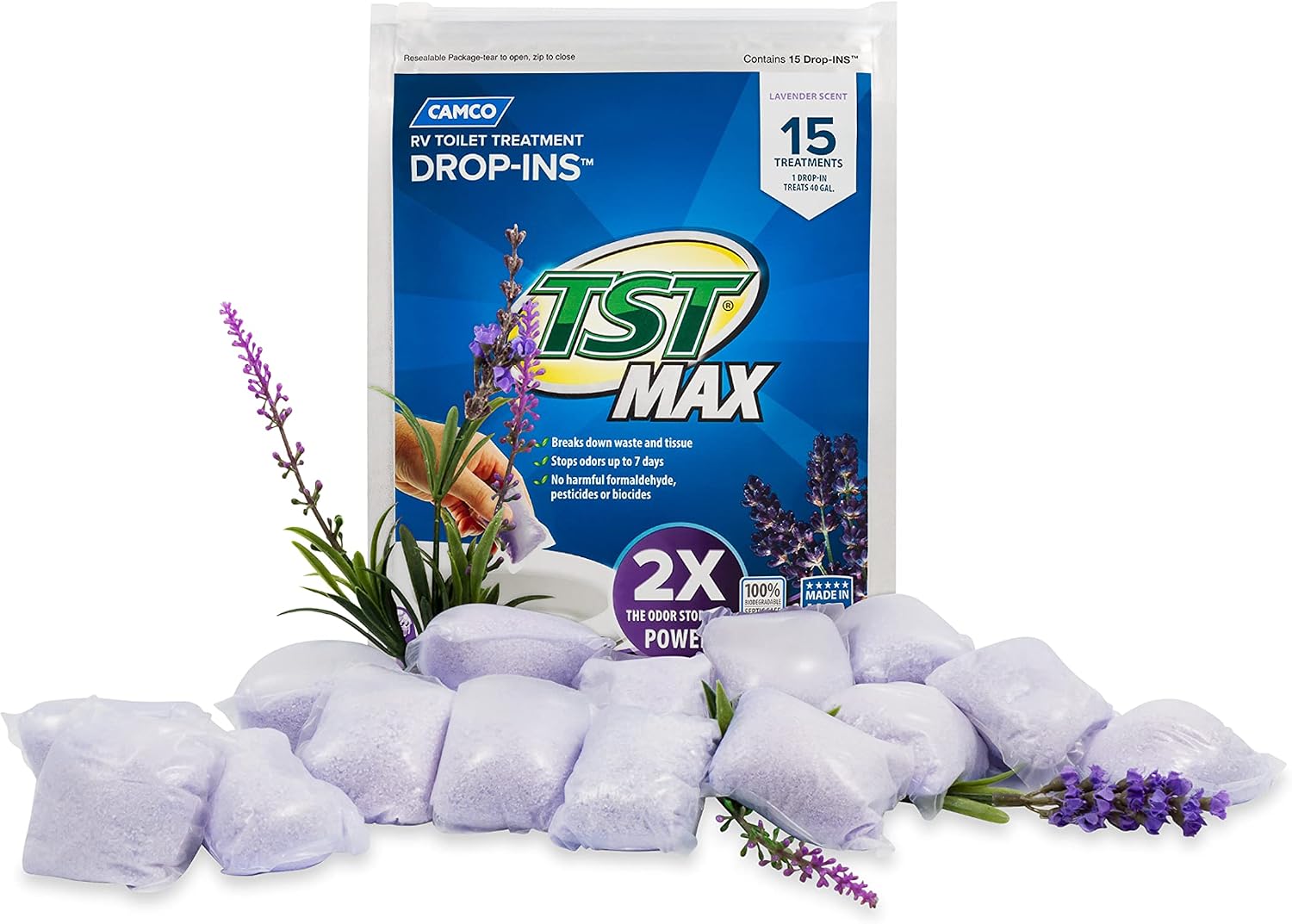 Camco TST MAX RV Toilet Treatment Drop-INs | Control Unwanted Odors and Break Down Waste and Tissue | Septic Tank Safe | Lavender Scent | 15-pack (41559)