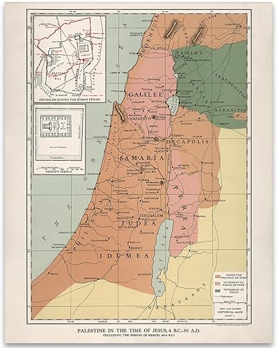 Palestine in the Time of Jesus, 4 B.C. - 30 A.D. Map Bible Story Poster - 11x14 Unframed Art Print - Historical Ancient Map, Classic Gift for Map