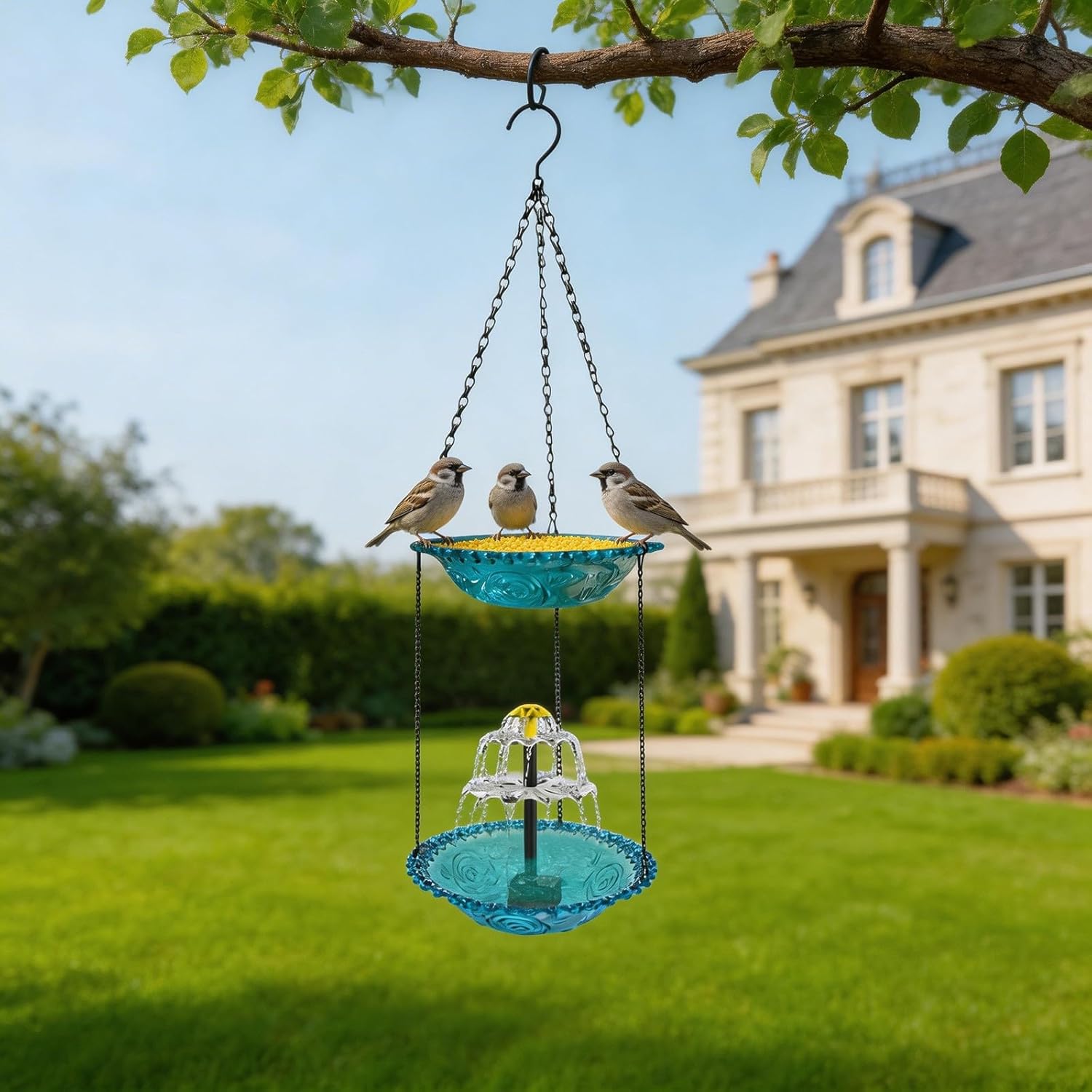 Solar Cascade Hanging Bird Bath Fountain - 27.55" h Metal Solar Powered Birdbath with Water Pump, Weatherproof Hanging Water Feature to Attract Wild Birds & Hummingbirds for Garden Decor (Blue)