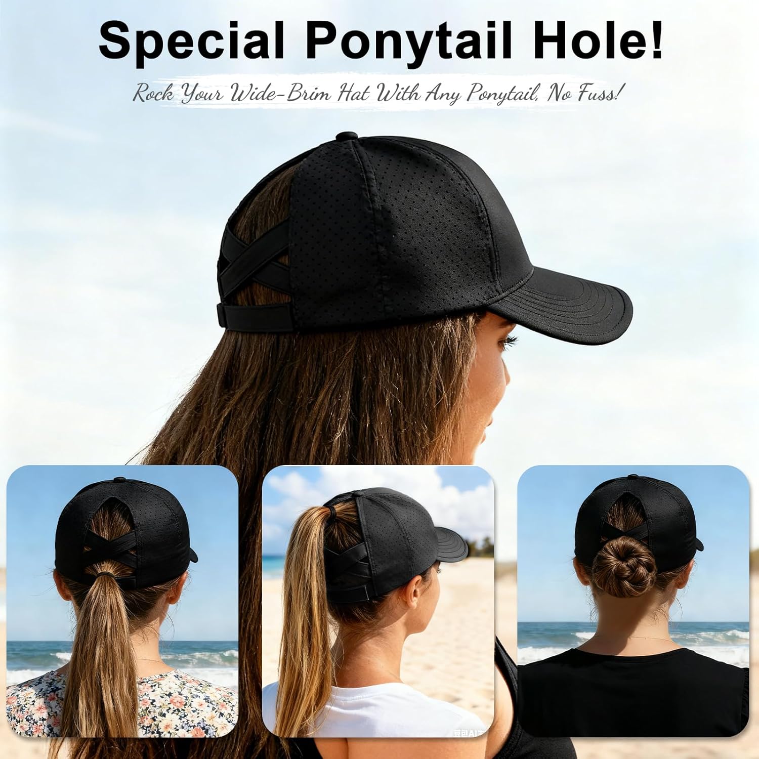 Women's Wide Brim Sun Hat with Ponytail Hole, UV Protection Criss Cross Sun Visor Hat, Lightweight & Quick-Drying Beach Cap - Image 4
