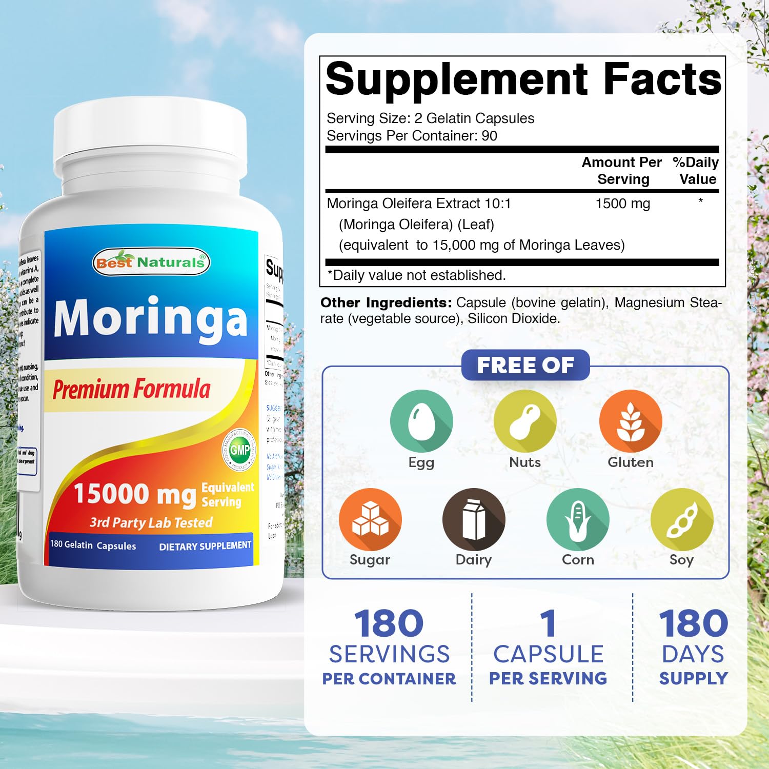 Best Naturals Moringa Extract 10:1 1500mg per Serving - 180 Capsules - Superfood Nutrients for Healthy Wellbeing — Amazon image 2