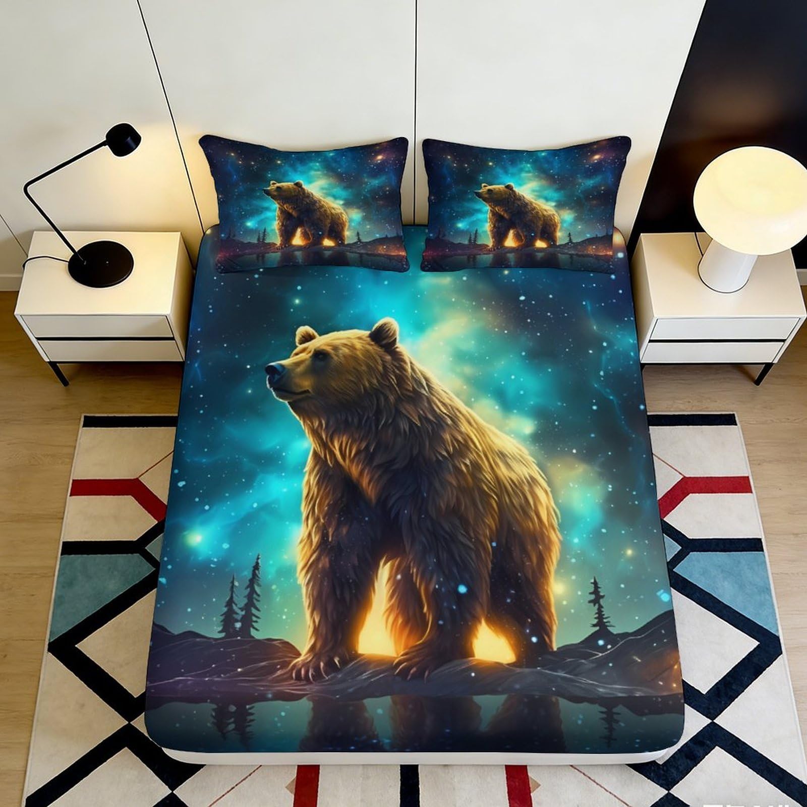 3D Printed Aurora Bear Fitted Sheet Microfiber Soft Mattress Cover for Bedroom Dorm Easy Care Decorative 90x200x25cm