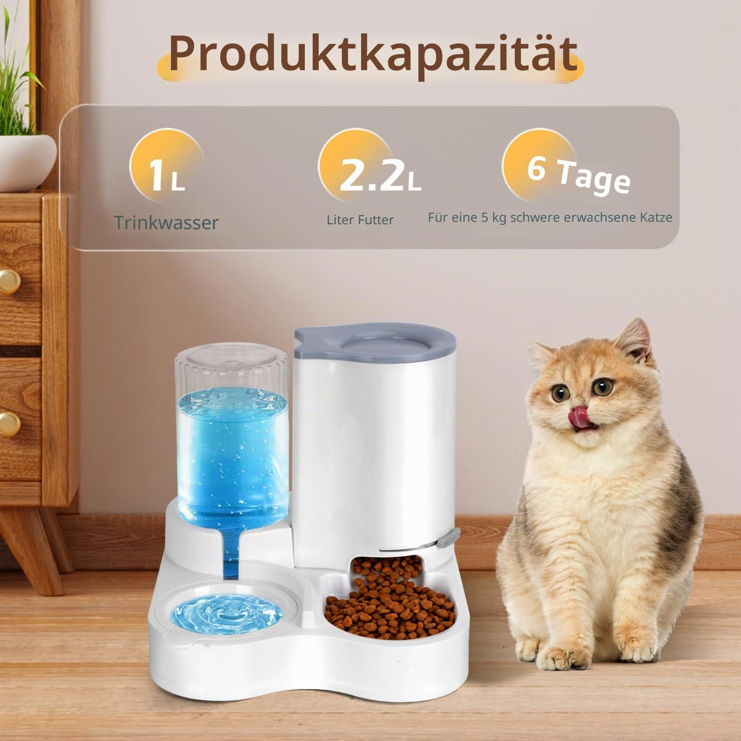 Nobleza 2-in-1 Automatischer Futter- und Wasserspender für Katzen und kleine Hunde – Schwerkraftsystem ohne Strom, 2,2 L Futterbehälter & 1 L Wassertank mit Aktivkohlefilter, rutschfeste Basis