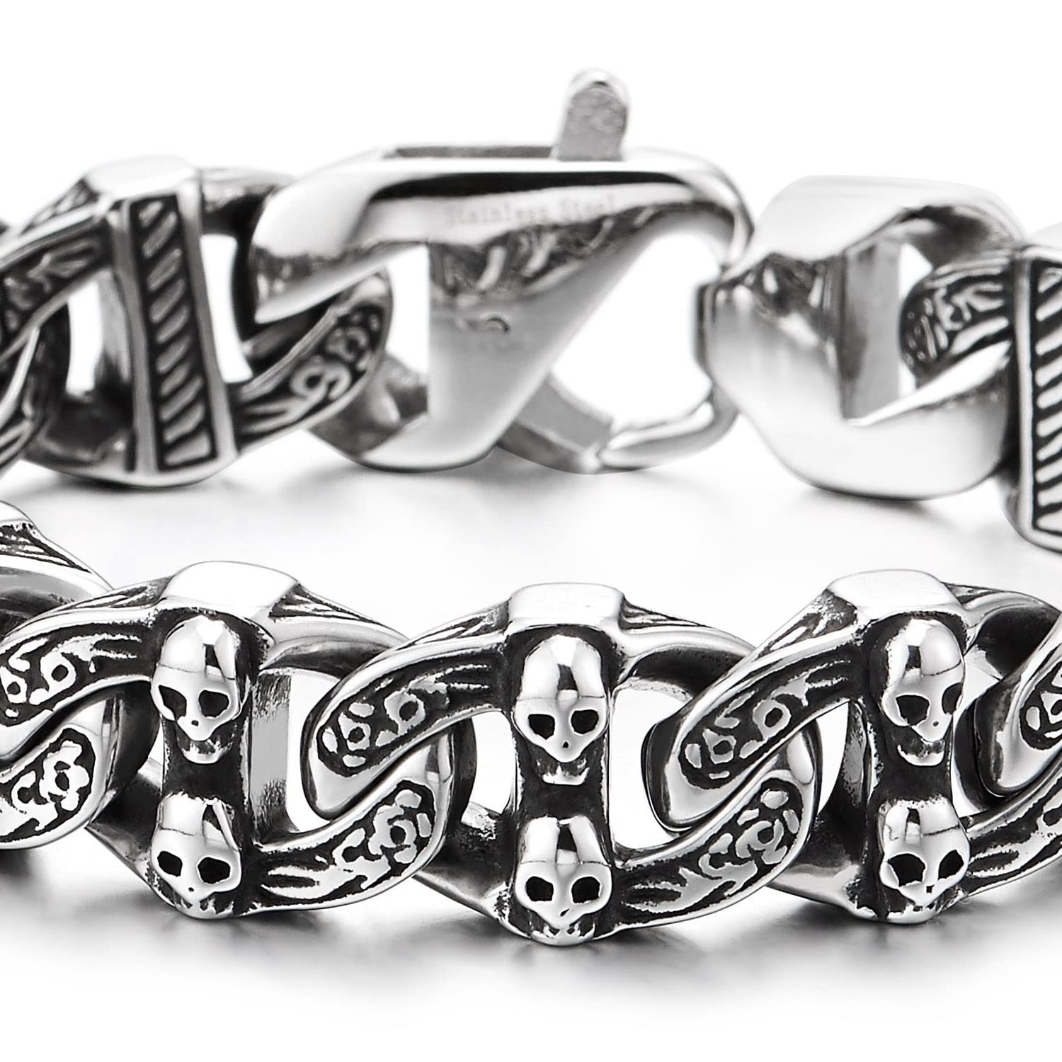 COOLSTEELANDBEYOND Bracciale Gotico Vintage Catena Marina Anchor con Cranio in Acciaio Inossidabile per Uomo, Finitura Vecchio Metallo