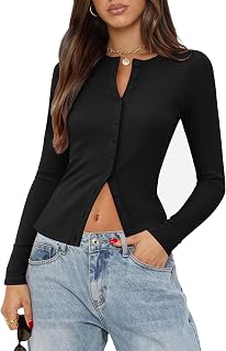 Gleenat Womens Ribbed Long Sleeve Button Down Up Shirts Lightweight Regular Length Cardigan Going Out Fall Tops XS-XL
