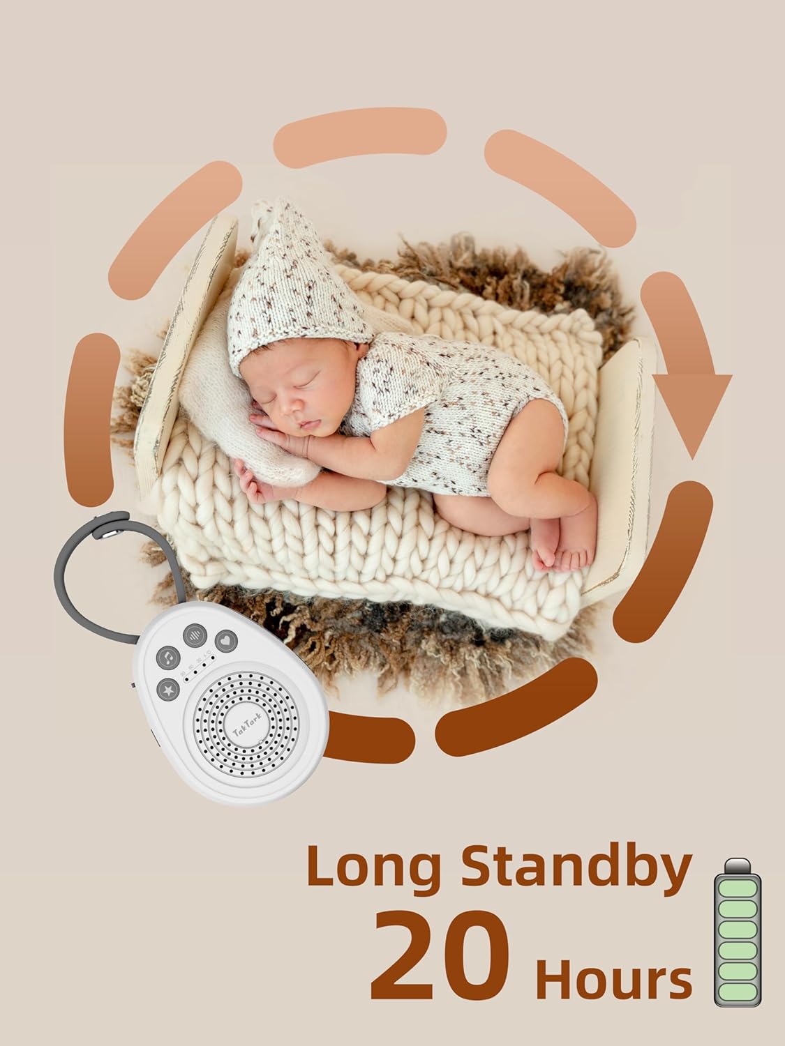 A sleeping baby with the TakTark Sound Machine nearby, illustrating long standby time