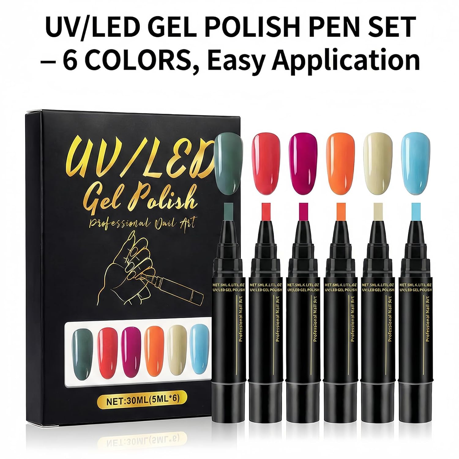 NovaCharm UV LED Gel Polish Marker Set, 6 Colors Nail Art Pens, Quick Dry Color Markers for DIY Manicure, Easy Control Design for Salon & Home Use