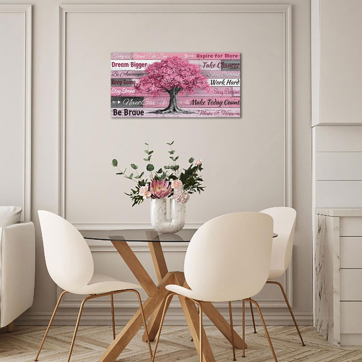 OuElegent Inspirational Wall Art Pink Tree of Life Canvas Print Motivational Quotes Wall Decor Rustic Wooden Background Positive Quotes Artwork for Living Room, Office, Bedroom (pink, 20"x40")