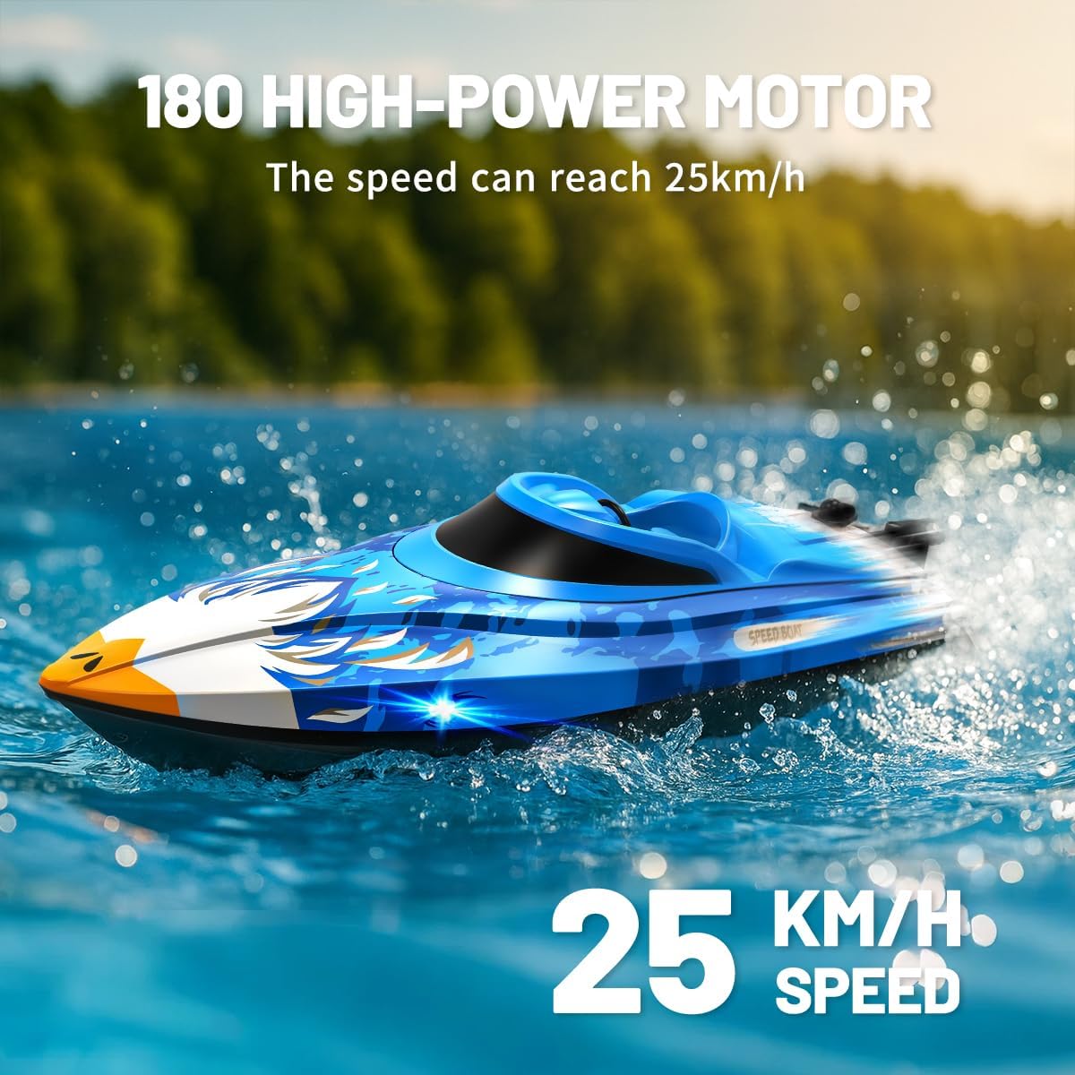 RC Boat 25KM/H High Speed Waterproof Remote Control Boat,Water Cooling, 2.4GHz Remote, 2 Batteries, LED Lights, One-Key Flip, Low Battery & Out-of-Range Alarm, Pool & Lake Racing for Kids & Adults