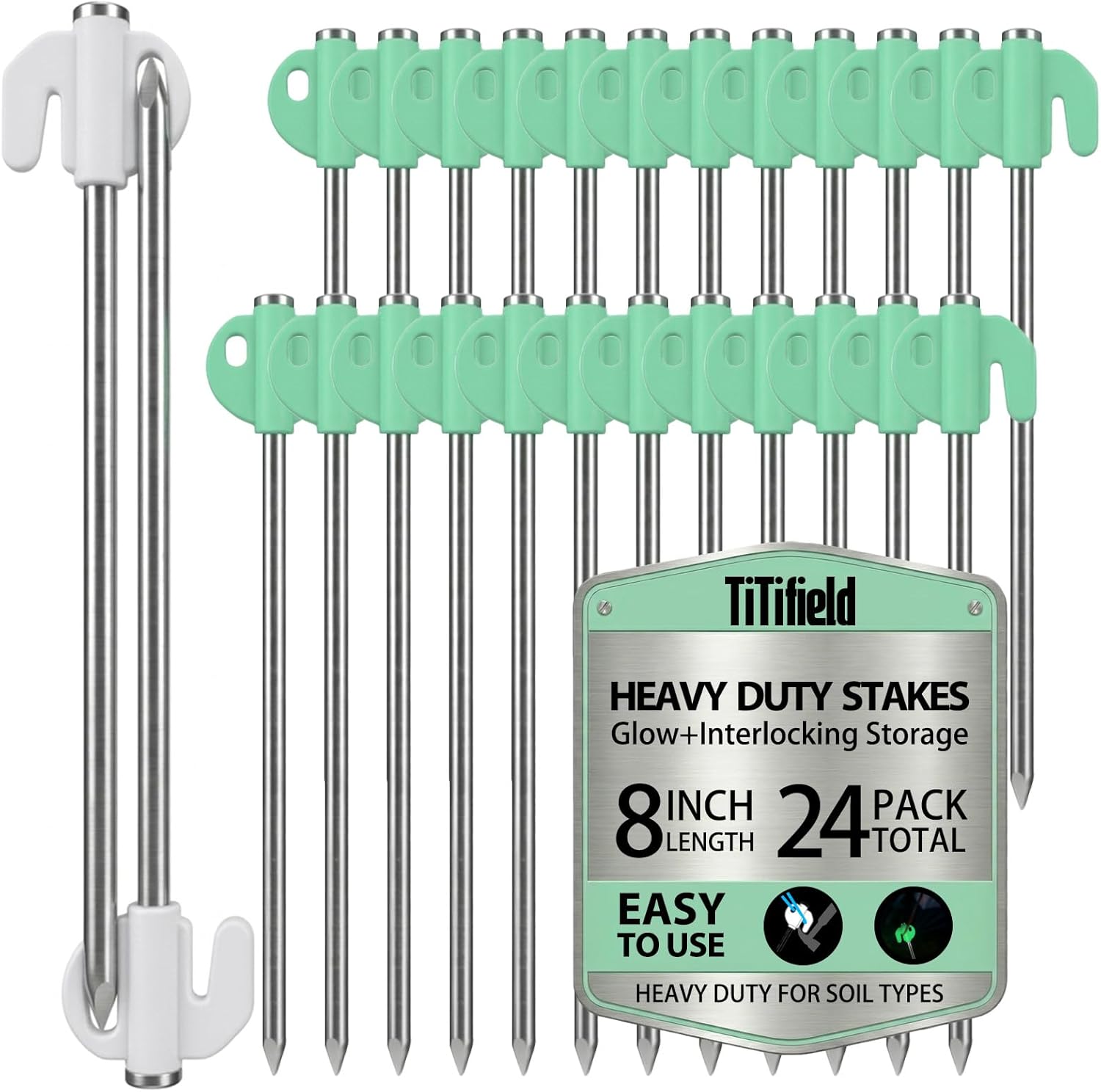 Heavy Duty Tent Stakes, 24 Pcs 3 Gauge (6mm) 8 Inch Galvanized Steel Ground Anchors with Glow-in-The-Dark PVC Caps – Camping, Canopy, Gazebo, Shade Sail, Garden & Outdoor Use