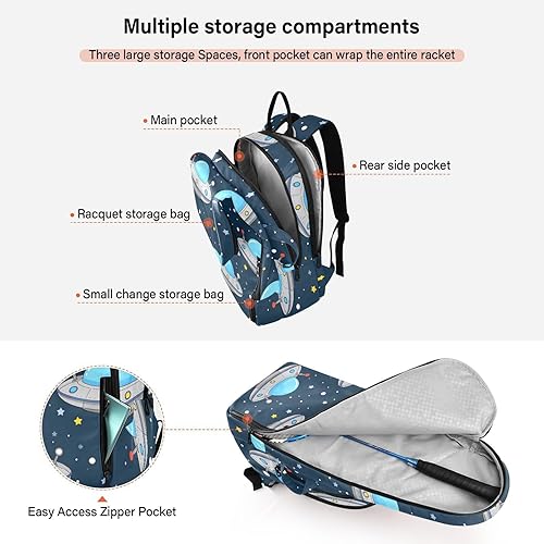 Miniatura 5 de Bolsa deportiva de tenis para mujer, impermeable, dibujos animados, lindo azul-gris, nave espacial, 3 raquetas de bádminton para mujeres y hombres,