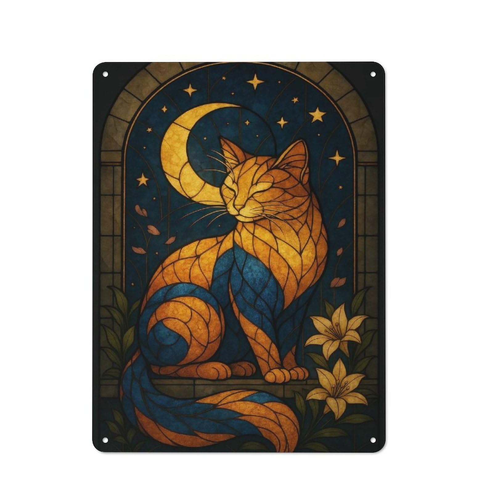 Junmoney Style-19 Old Style Stained Glass Cat And Moon Metal Sign 40X30cm, Bar Wall Plaque For Diner, Restaurant, Shed Or Kitchen