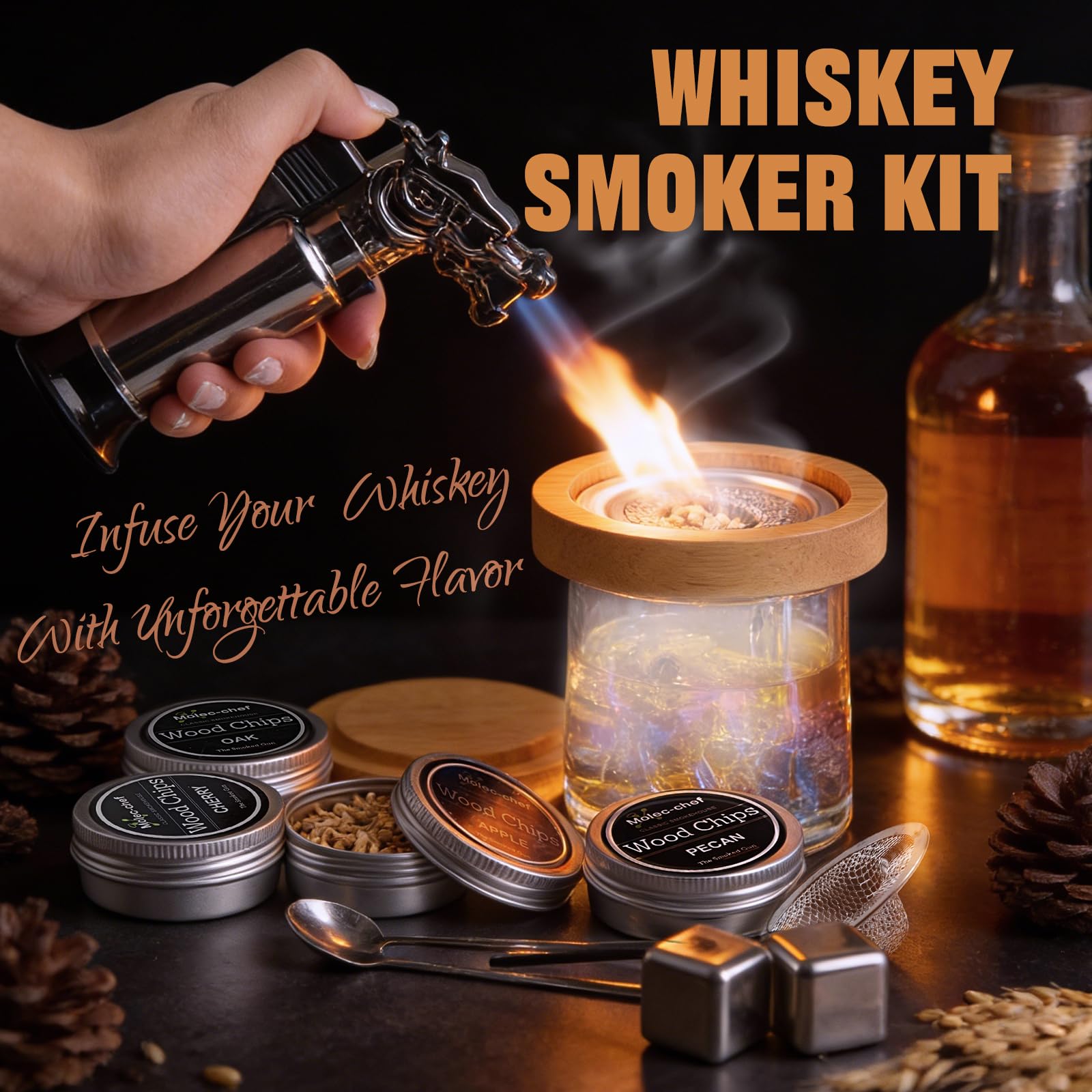 Cocktail Smoker Kit, MKNZOME Whiskey Smoker Set with 4 Flavors