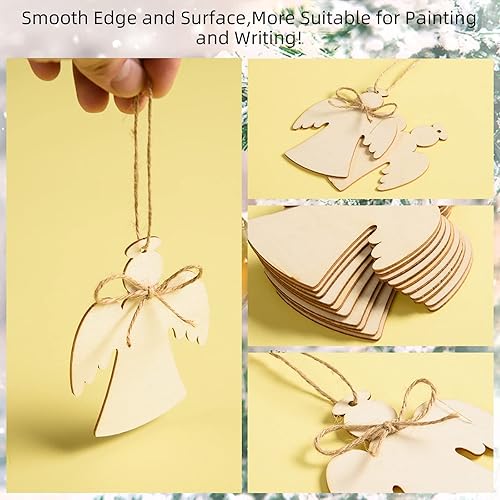Miniatura 10 de 72 piezas de adornos de Navidad de madera, círculos de madera sin terminar con agujeros, discos redondos de madera, rebanadas de madera en blanco,