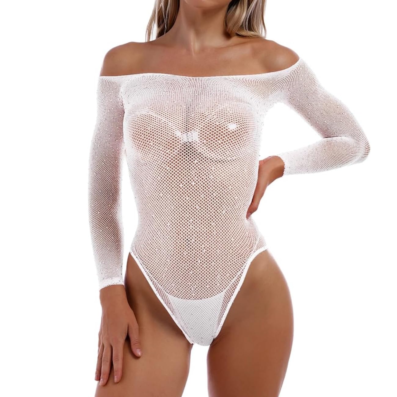 Body da Donna in Pizzo e Rete, Maniche Lunghe, Aderente, Leopardato, Trasparente, con Strass, Lingerie, Tuta Intera con Paillettes, Abiti da Festival e Rave.