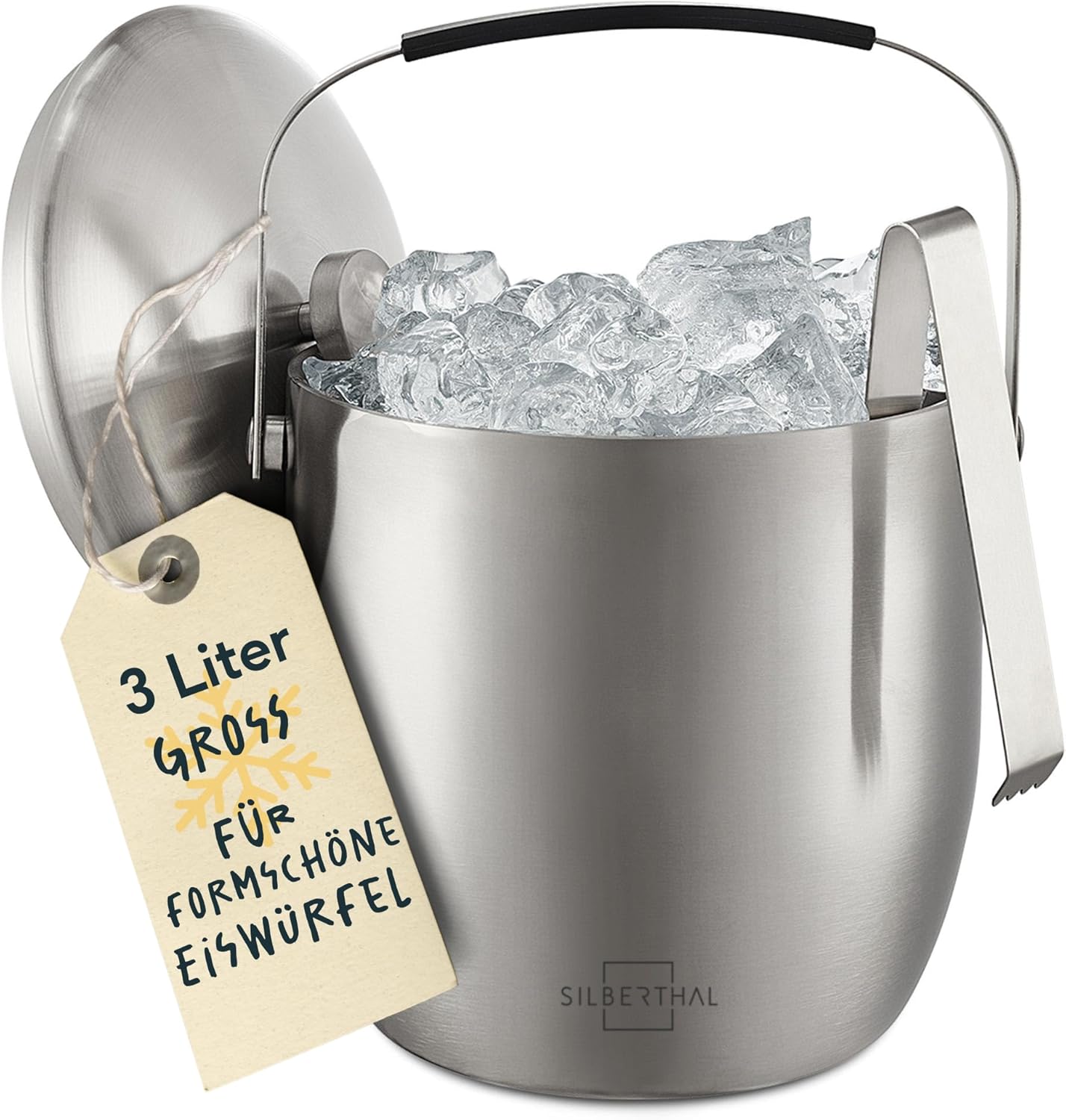 SILBERTHAL Eiswürfelbehälter Edelstahl 3l - Eisbehälter mit Deckel und Zange -Eiseimer Edelstahl - Doppelwandig Isolierter Flaschenkühler