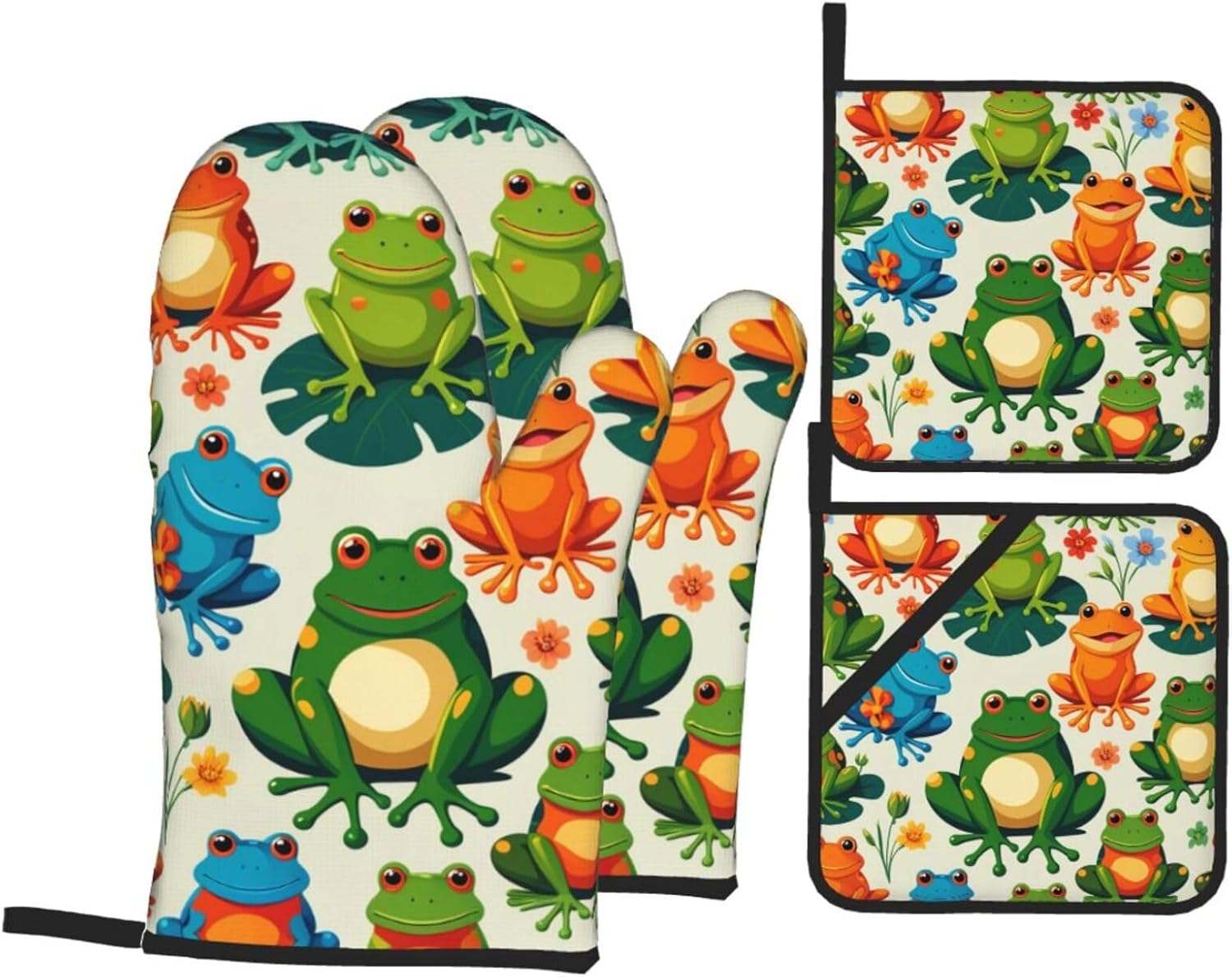 Funny Frogs Print Oven Mitts and Pot Holders Set of 4 Cute Hot Pads Heat Resistant Gloves - Heat Resistant Kitchen Accessories