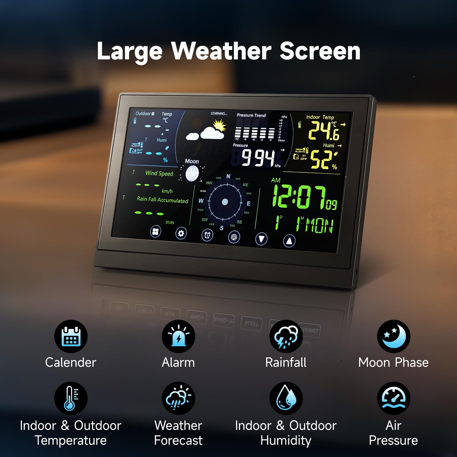 Warmiehomy Digitale Wetterstation, kabellose Wetterstation mit LCD-Farbdisplay und Wind- und Regensensor, Außentemperatur- und Feuchtigkeitssensor, Barometrische Vorhersage-Monitor für Zuhause