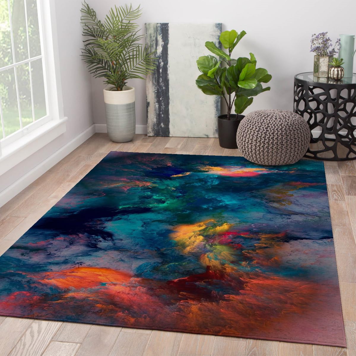 Tapis de salon moderne abstrait 90x150 lavable, moquette poil bas antidérapante