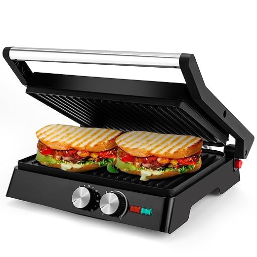 Pukomc Panini Grill Press,Sandwich Maker Press,Contact Grill, 1400W Non-Stick Grill, 60-Minute Timer, 180 Degrees Opening, Stainless Steel