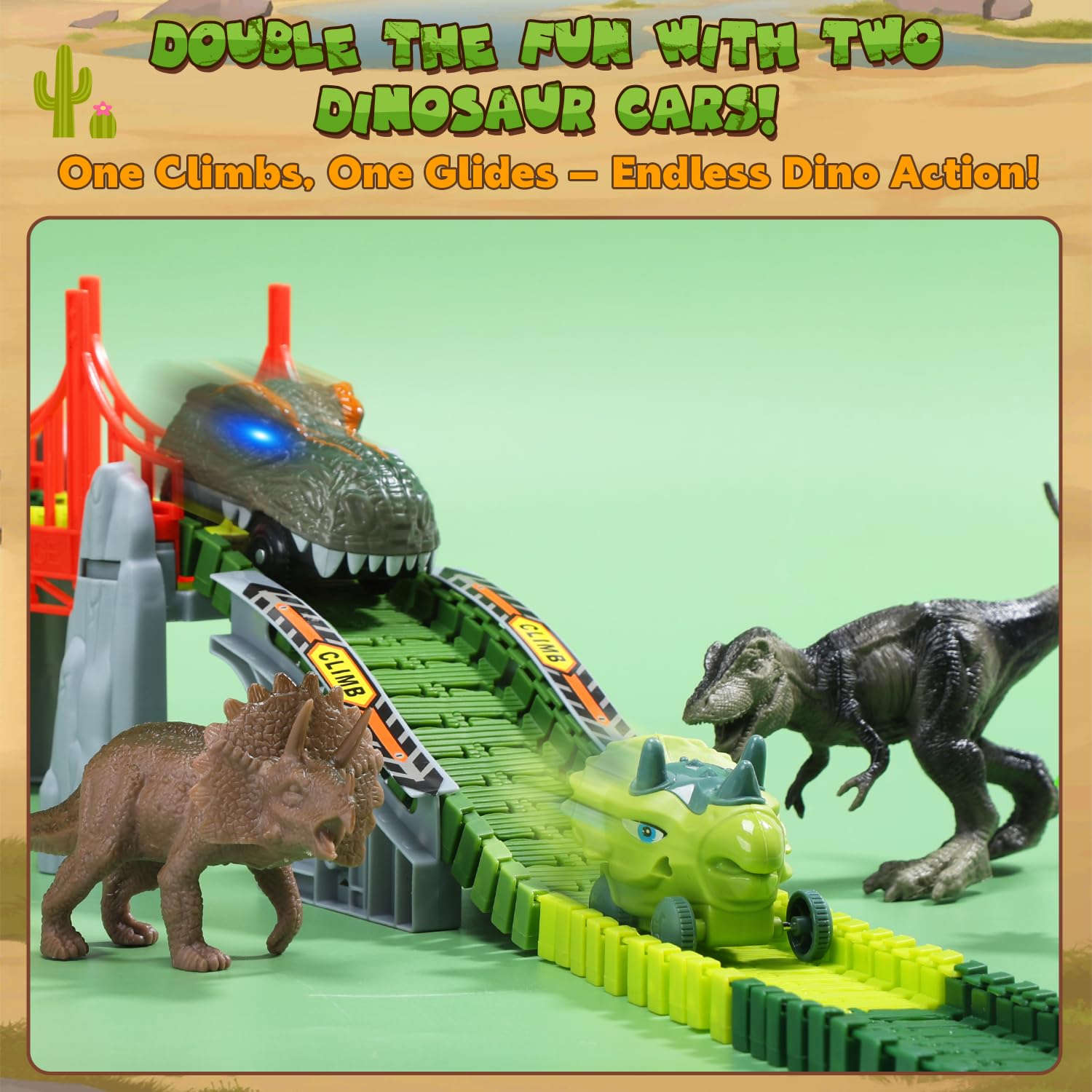 EagleStone Dinosaurier Rennbahn Set – 225 Teile Flexible Rennstrecke, 1 elektrisches Dino Auto mit Licht, 8 Dino Figuren, Dino Tunnelkopf, Weihnachts Geburtstagsgeschenk für Kinder von 3 bis 8 Jahren