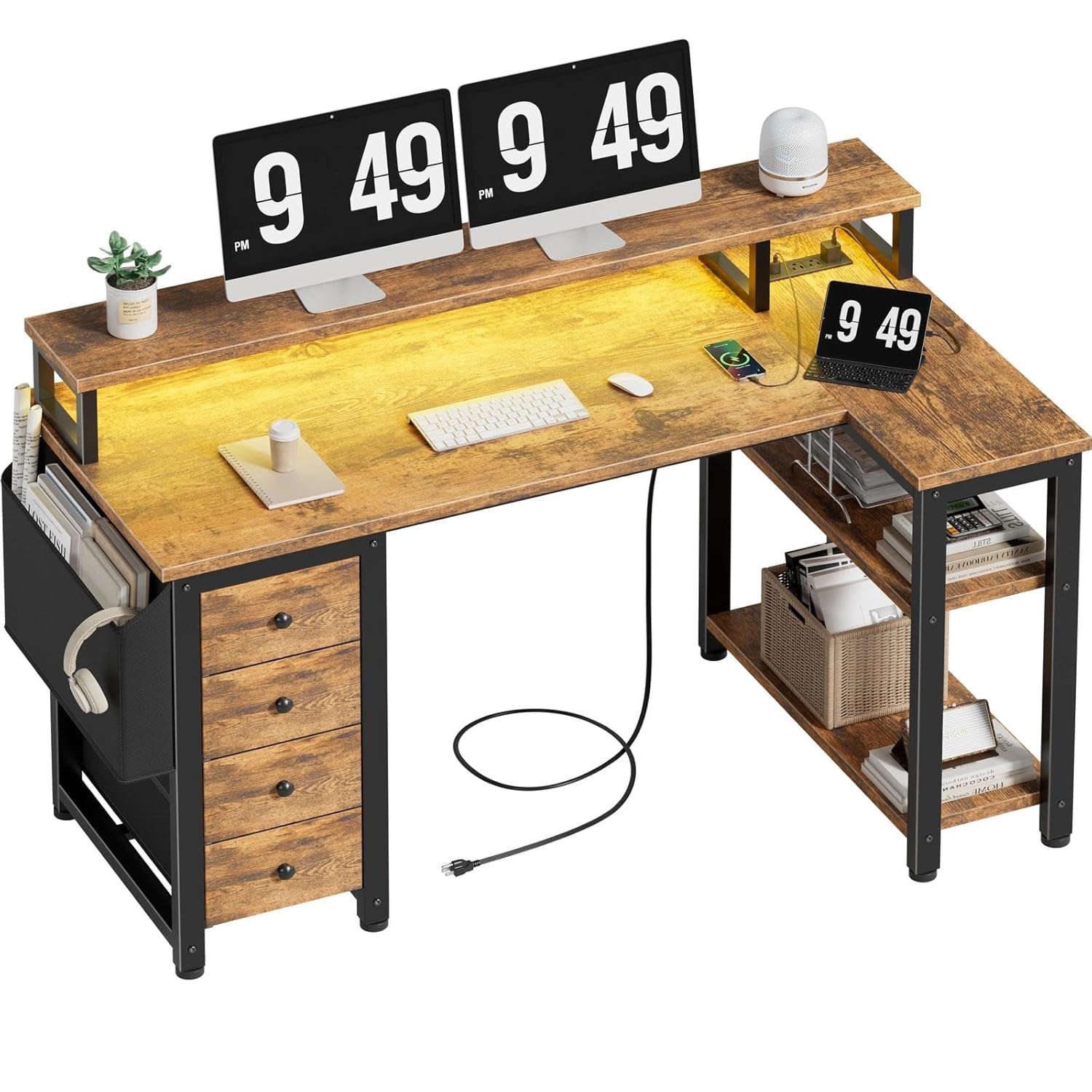 Lufeiya L Shaped Gaming Desk with Led Lights and Power Outlets 47 Inch Corner Home Office Desk with