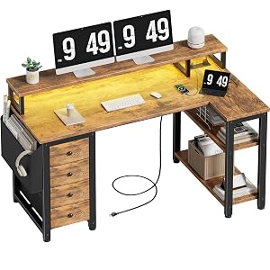Lufeiya L Shaped Gaming Desk with Led Lights and Power Outlets 47 Inch Corner Home Office Desk with