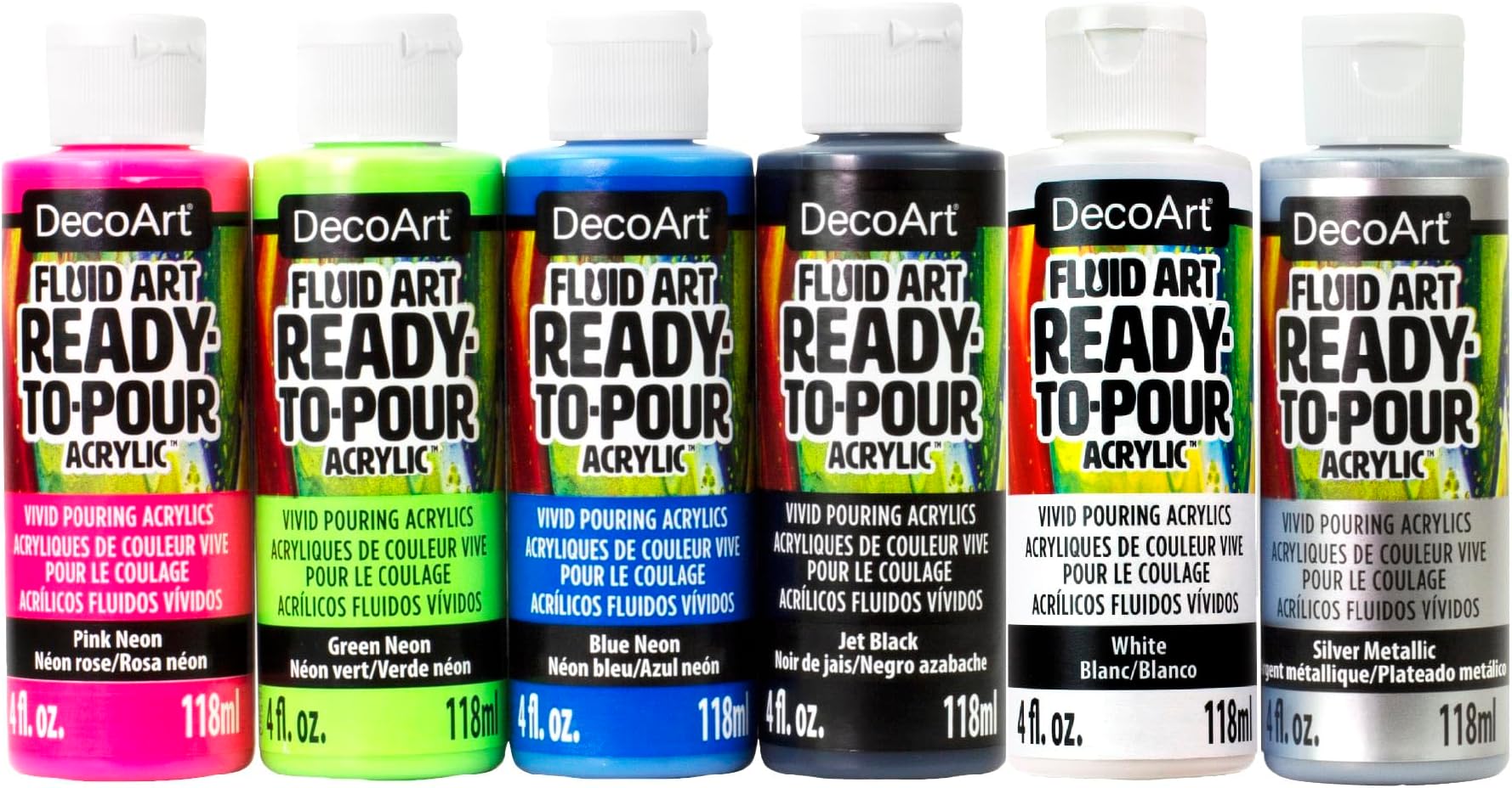 DecoArt Fluid Art Ready-to-Pour Paint Set – Neon Blast Colors, Set of 6 (4 fl oz Bottles) – Neon Acrylic Pouring Paints for Canvas, Wood & Fluid Art DIY Projects