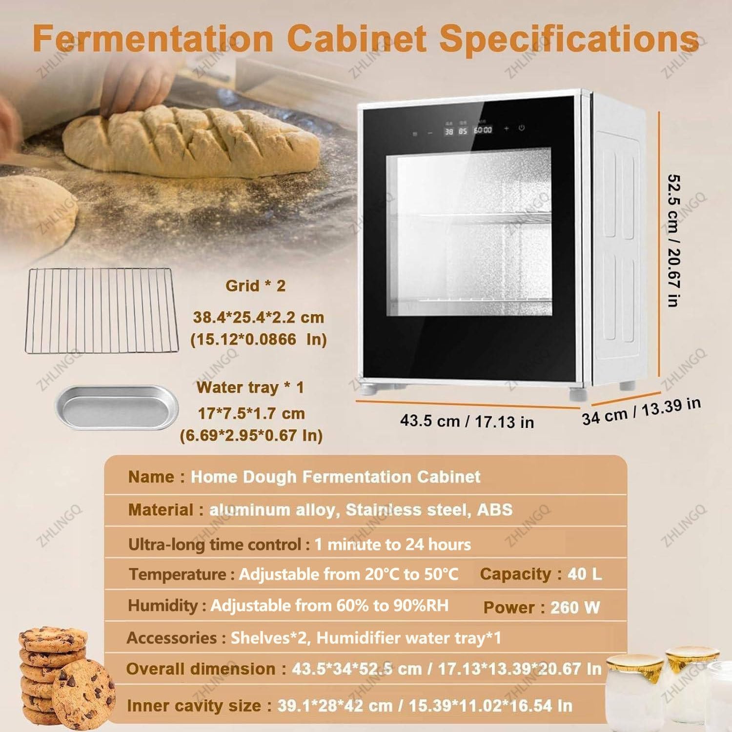 40L Electric Bread Proofing Box with Adjustable Temperature (20-50°C), 260W Dough Fermentation & Yogurt Maker, Timing & Humidity Control, Perfect for Baking Enthusiasts
