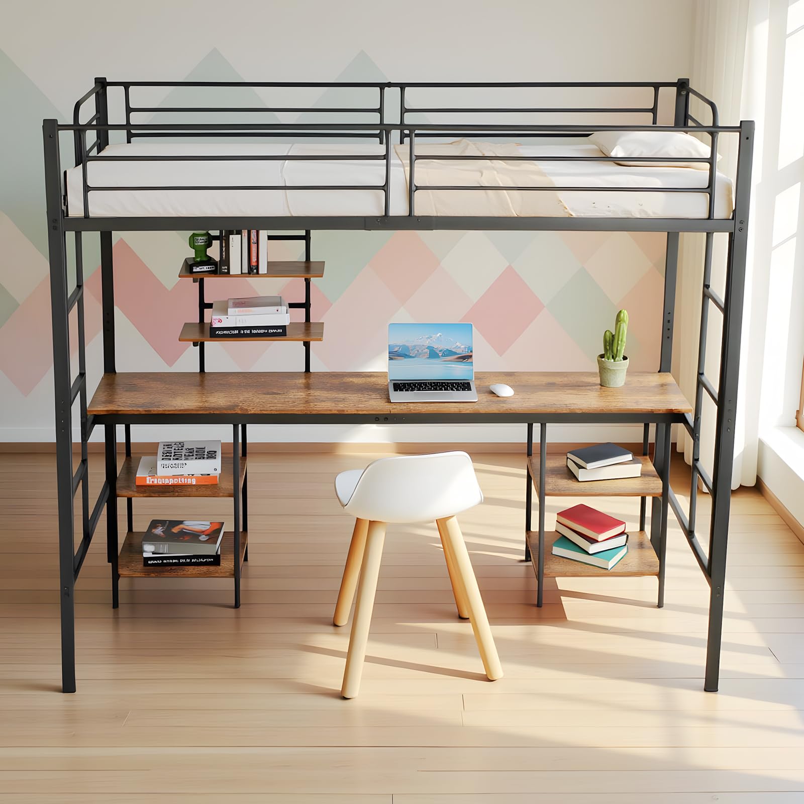 Letto a soppalco in metallo 90 x 200 cm, letto a soppalco con scrivania e librerie, Stile industriale, Letti per bambini, ragazzi e adulti, Nero