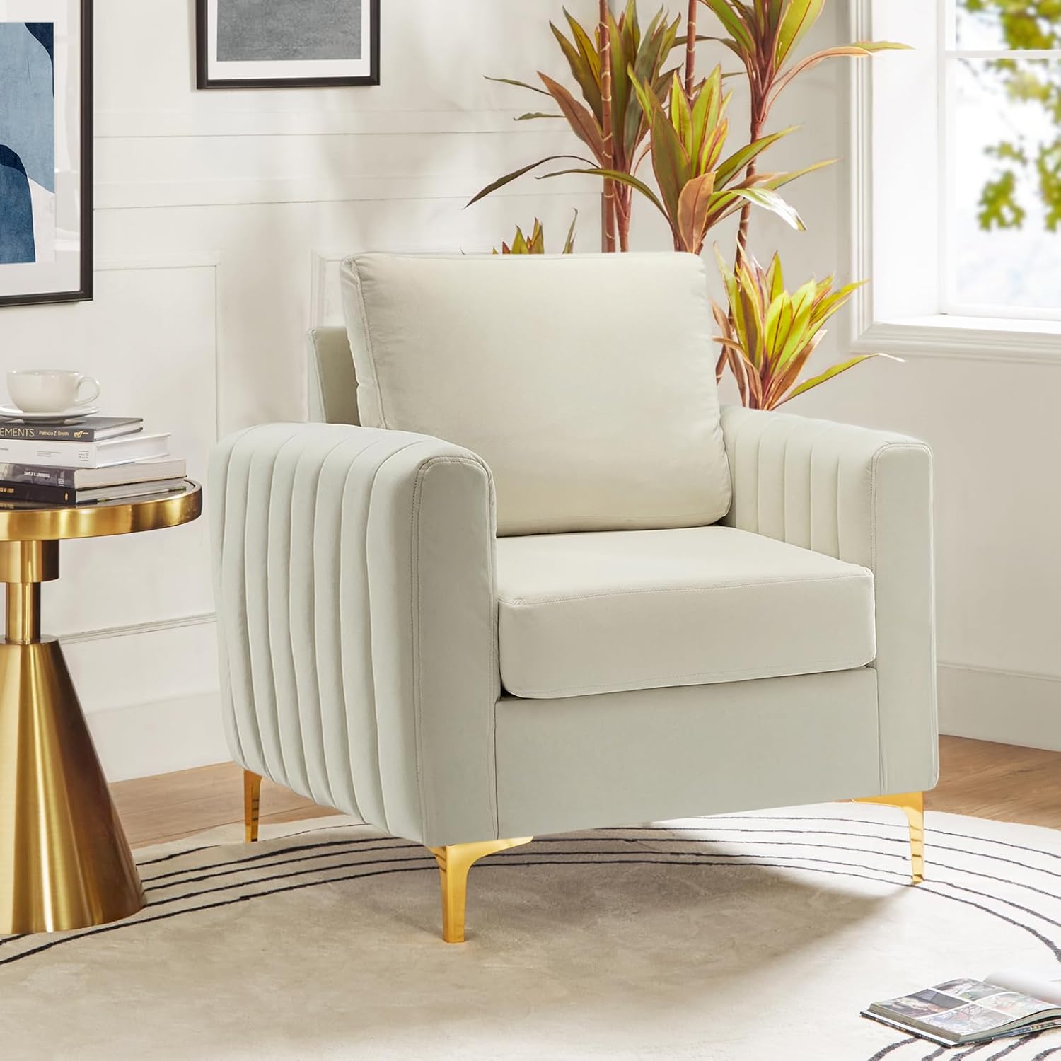 HULALA HOME Silla de Club de Acento de Terciopelo, Sillón Moderno de Terciopelo Tapizado Silla de Sofá de Club de Acento con Patas de Metal Dorado