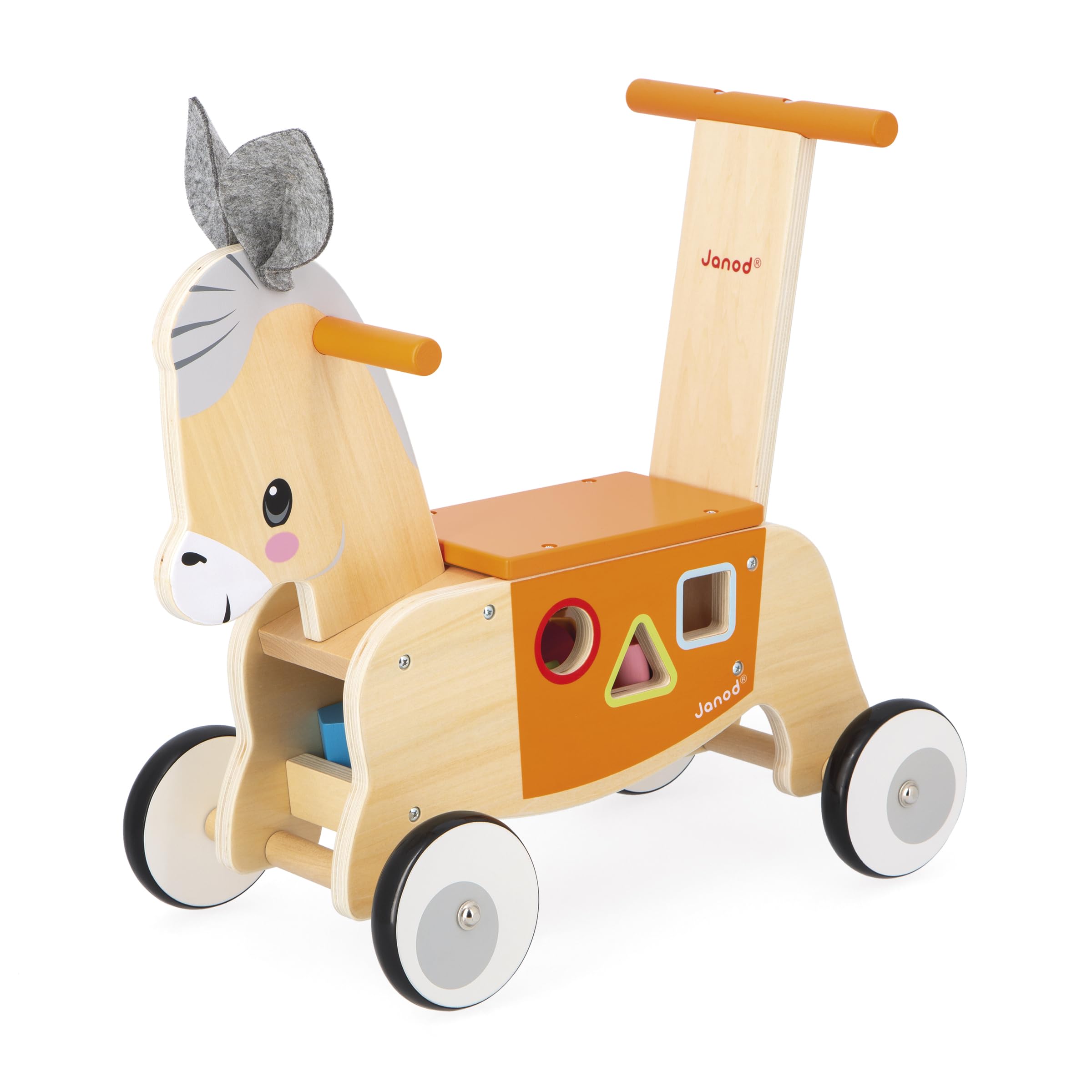 Janod - Wooden Donkey Ride-On with Integrated Shape Sorter - Walker Function - Silent Wheels - Balance and Motor Skills Learning - Wooden Early Learning Toy - from 12 Months J03325