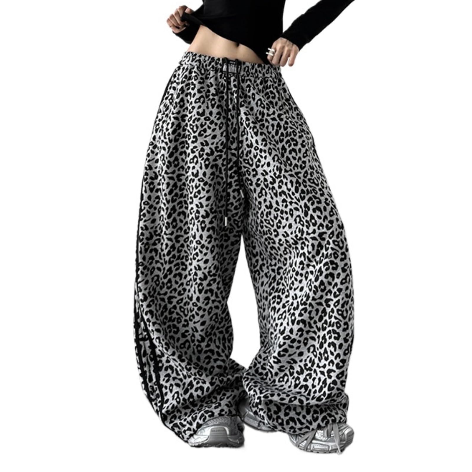 Vintage Cheetah High-Waisted Pants Women Y2k Leopard Print Casual Streetwear Dance Wide-Leg Trousers Slouchy