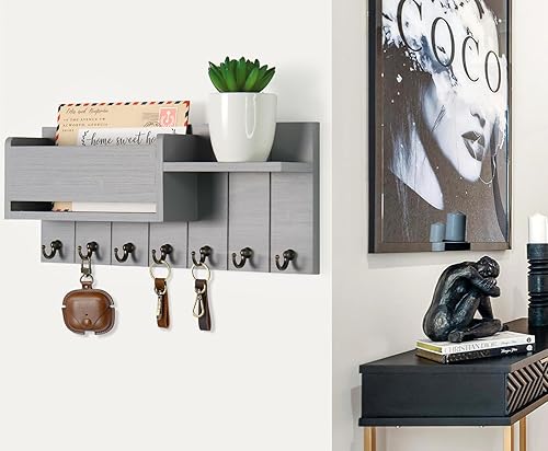 Miniatura 9 de Soporte para llaves de pared, organizador decorativo para llaves y correo con 6 ganchos para llaves, colgador de llaves de madera con estante para