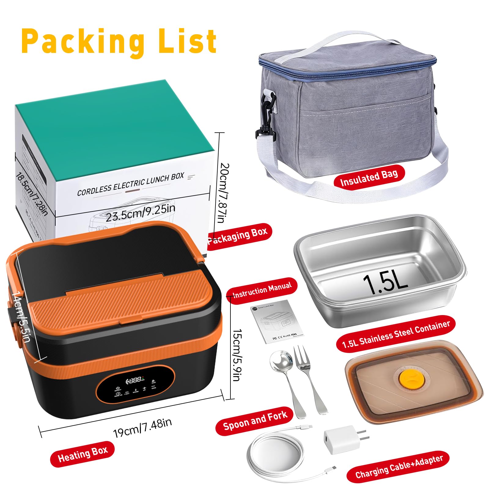 Upgrade 1.5L Fiambrera Electrica, Fiambreras Comida Trabajo Calentador de Almuerzo Autocalentable Recargable para el Trabajo Oficina Viaje en Automóvil Camping Interior y Exterior
