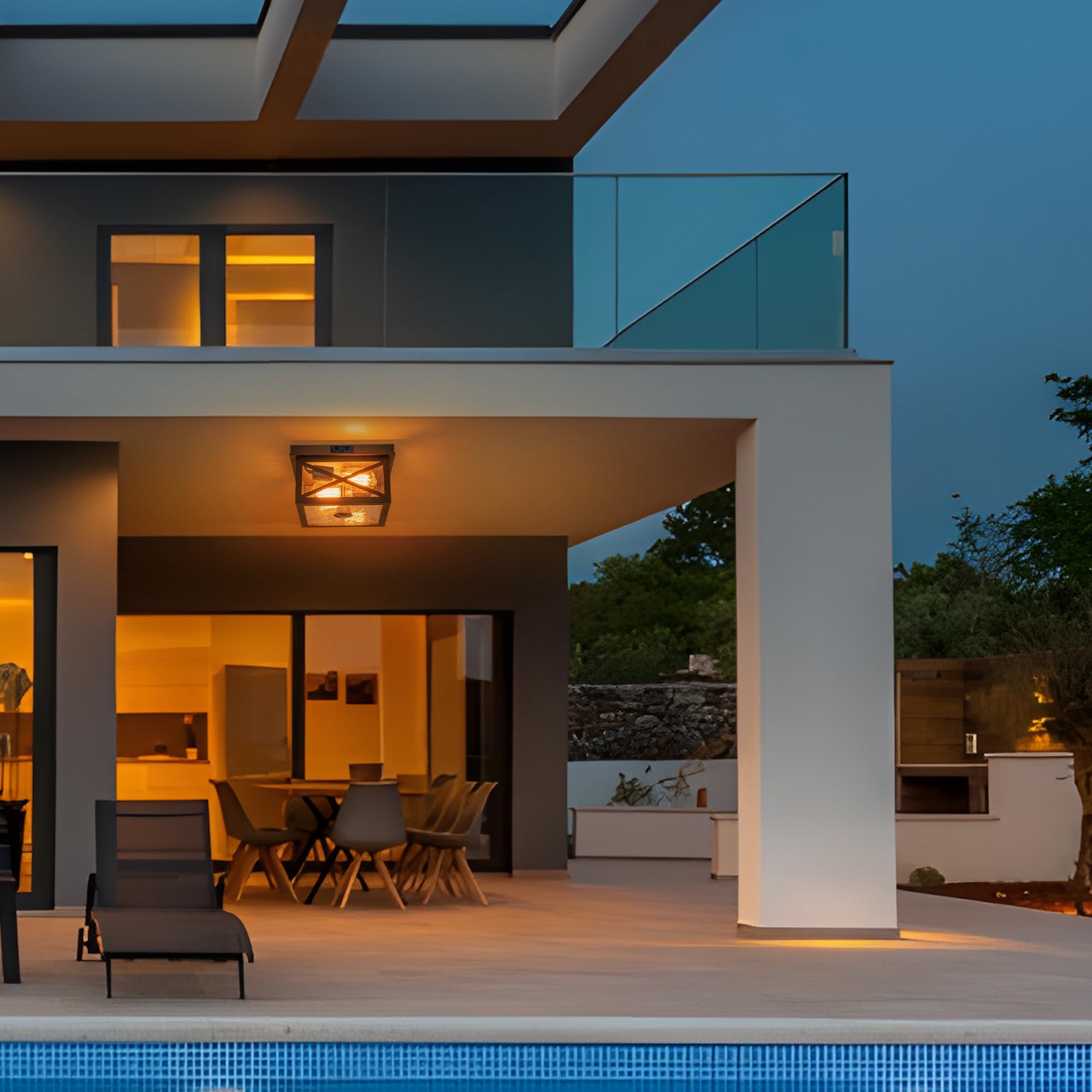 FTL Plafoniera Esterno con Sensore di Movimento, Portico Lampada da Soffitto Sensore Crepuscolare con Vetro a Bolle, E27 Nero Esterno Luce Sensore Movimento a 2 Luci per Garage Giardino, Impermeabile