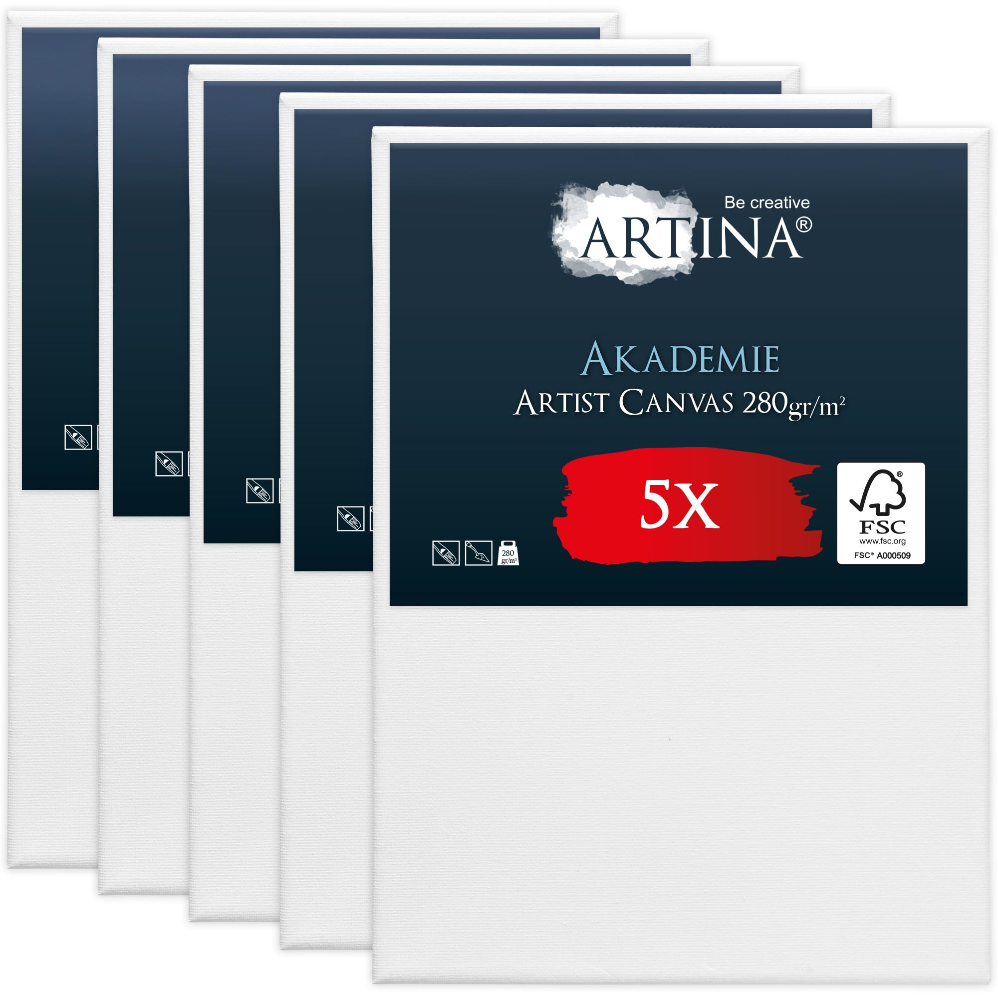 Artina Set de 5 Lienzos para Pintar 50x70 cm – 100% Algodón 280g/m² – Lienzo Blanco para Pintar con Bastidores de Madera FSC® Canvas Lienzo para Pintar – Tela de Lienzo Akademie