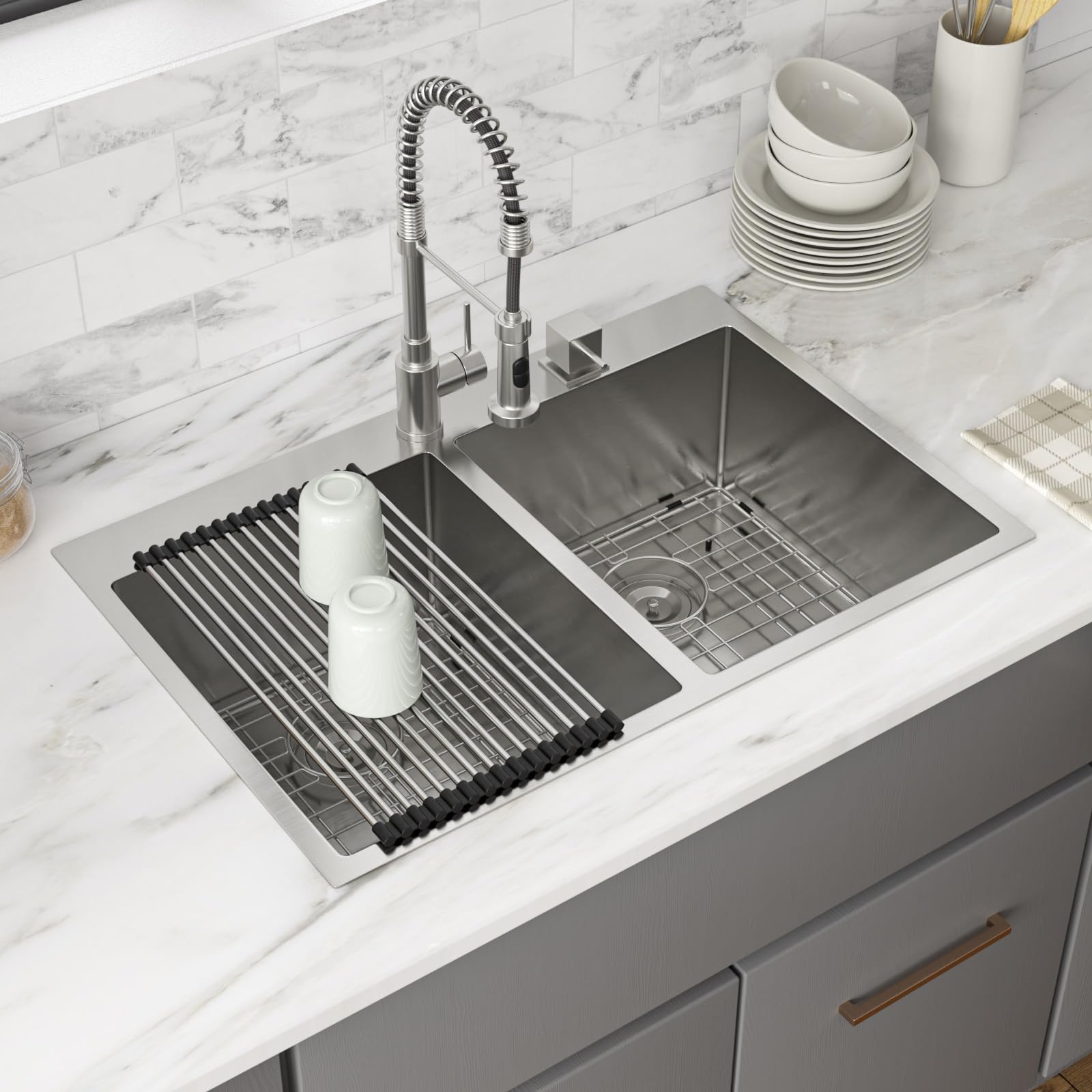 Lanxlic 33x22 Drop In Workstation Double Bowl Kitchen Sink 50/50 - View #10