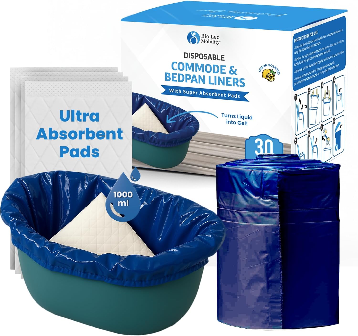 Pack of 30 Commode Liners with Absorbent Pads for Commode Toilet Chair Bucket Bags | ULTRA-LOCK Absorbent Pads | Camping Toilet Bags, Vomit Bags, Urine Bags, Bedside Commodes