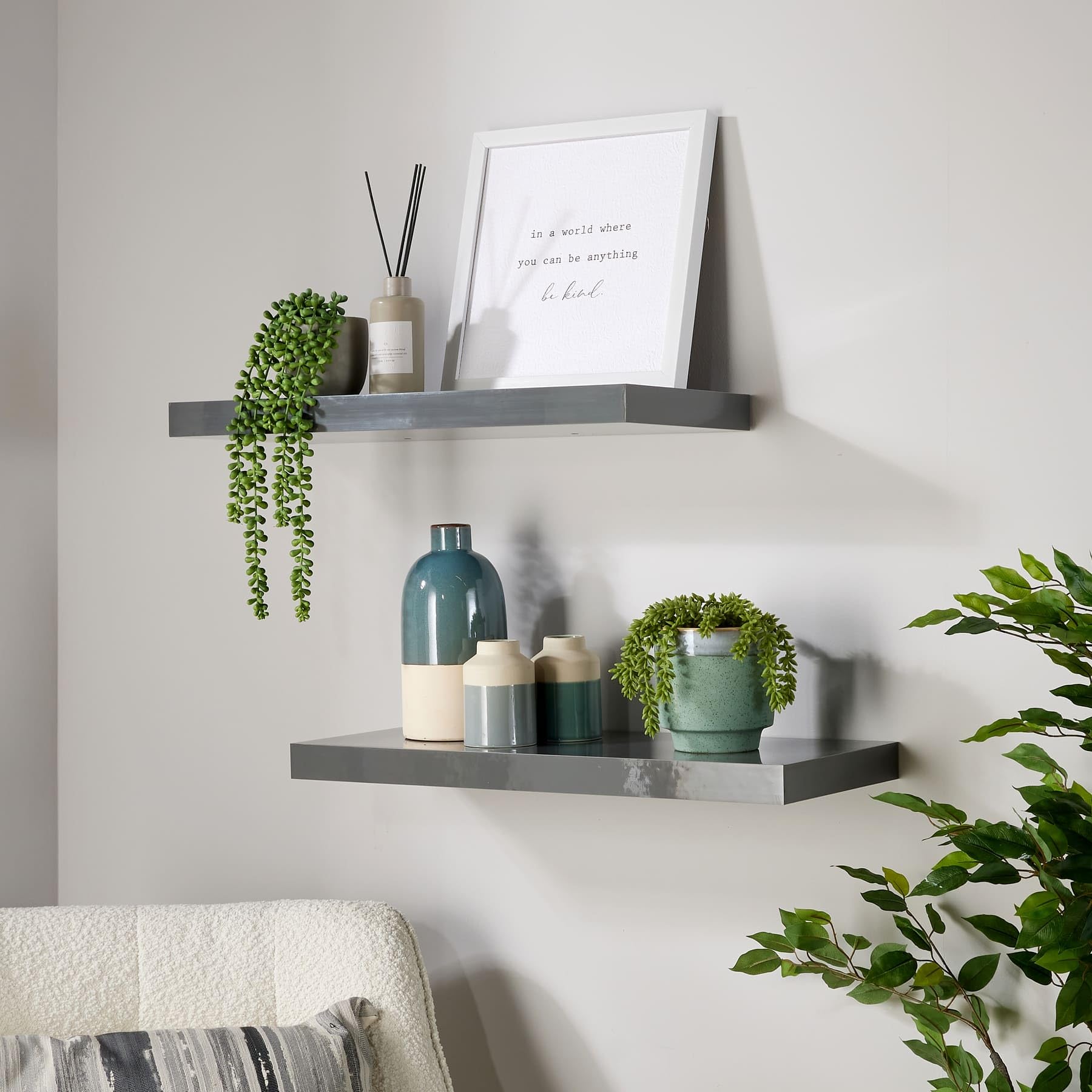 Home Source Pair of 2 Floating Wall Mounted Storage Shelf Wooden DVD Book Shelves, Grey Gloss, 60 cm