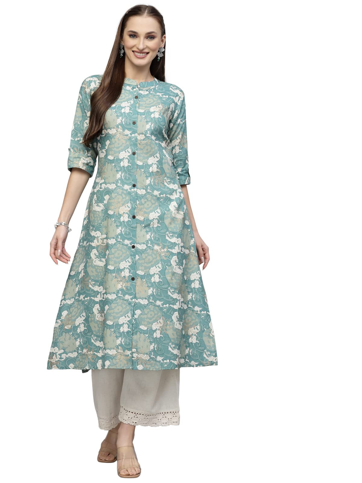 Stylum Women's Printed Rayon A-Line Kurta (Pineshark38_Turquoise, M)