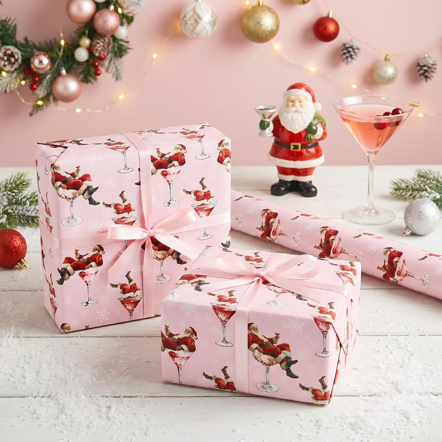 RUSPEPA Funny Christmas Wrapping Paper Roll, Mini Roll, Santa in Martini Glass & Snowflake Design, Pink Gift Wrap for Women, Friends, Adults, Party, Christmas, Holiday, 17 Inches x 16.4 Feet image 4