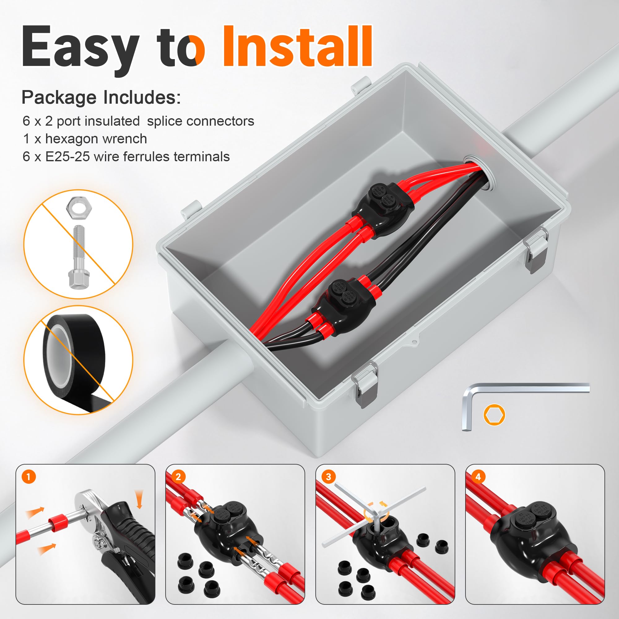 Joinfworld Connettori isolati a 2 porte 2-14 AWG da alluminio a filo di rame, connettori per cavi elettrici neri a doppia entrata, con scanalatura esagonale da 5/32", confezione da 6