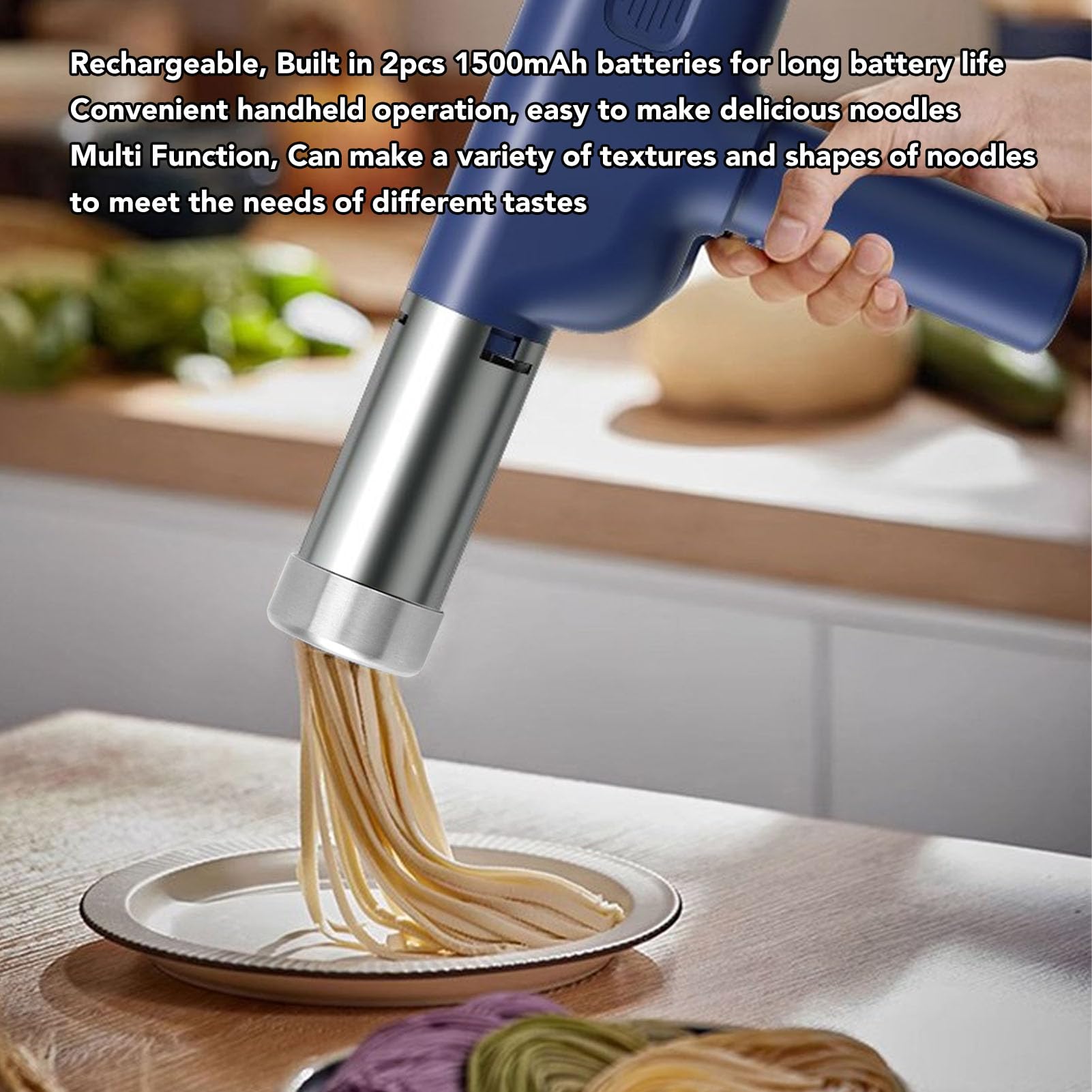 Aramox Máquina para Hacer Pasta Eléctrica de Mano, Máquina para Hacer Fideos Eléctrica de Acero Inoxidable con 3 USB Recargable, 2 X 1500 MAh, Portátil Inalámbrico para Uso Doméstico, Cocina y
