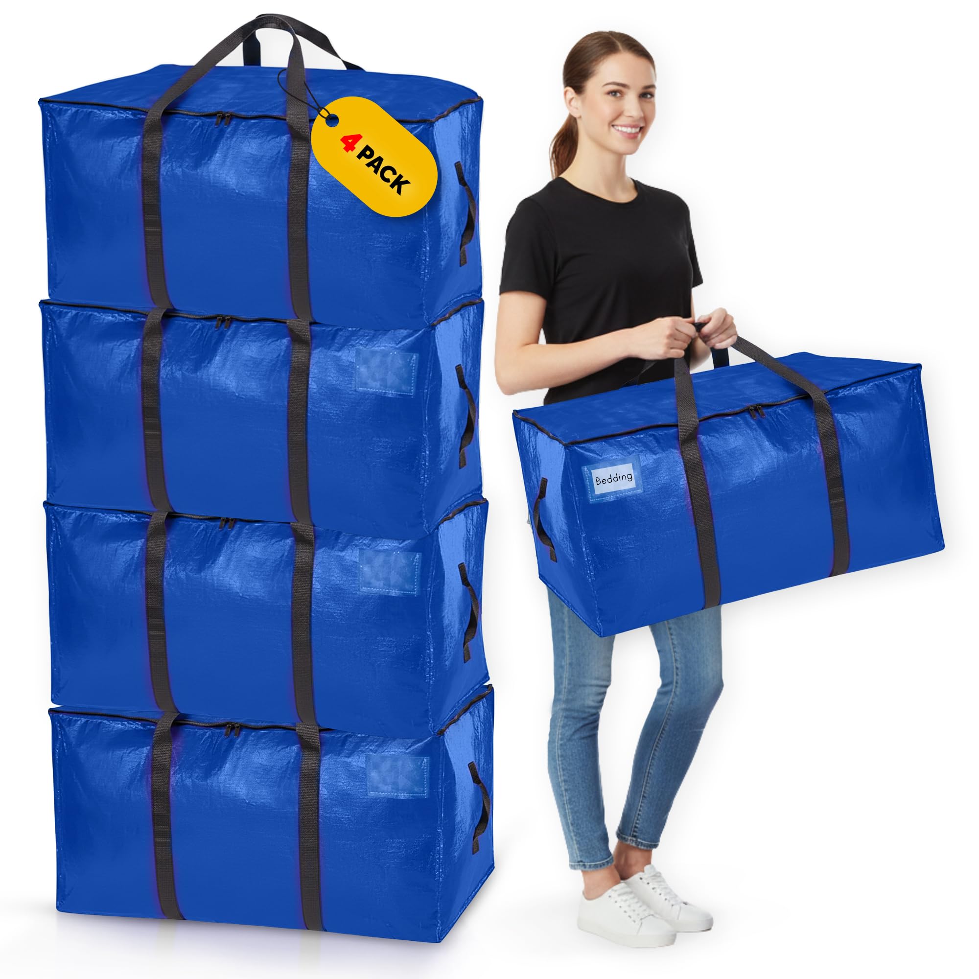 Homxters Blue Heavy Duty Moving Bags Extra Large Strong Storage Bags With Zips Pack Of 4, Reinforced Handles & Backpack Straps - 90L Foldable Waterproof Moving Totes For Clothes, Bedding, Blankets